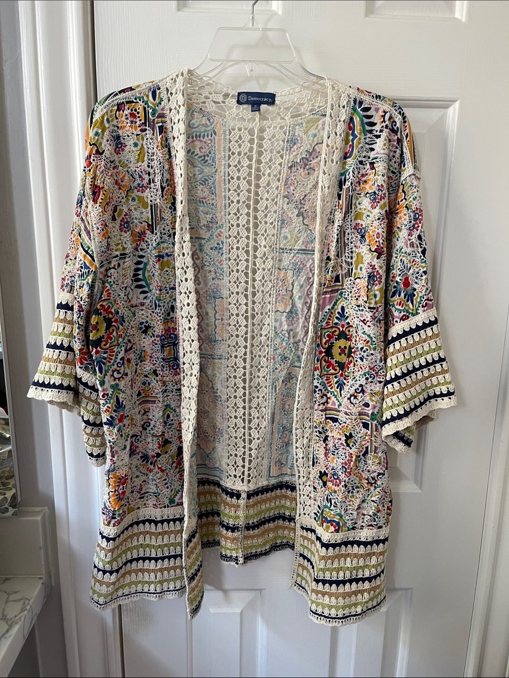 Democracy Multicolor Floral Crochet-Trim Kimono